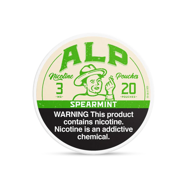 ALP nicotine pouch container with spearmint flavor on a white background