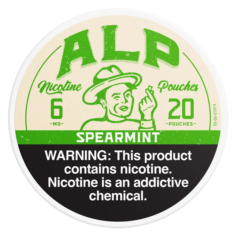 ALD nicotine pouches packaging with a vintage design and warning label.