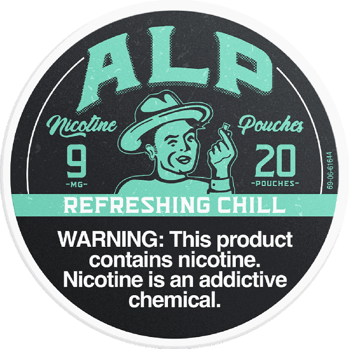 Nicotine pouch container with branding and warning text on a black background