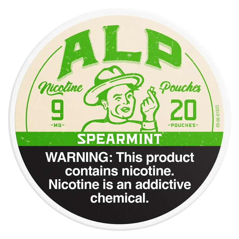 Nicotine pouch container with branding and warning label