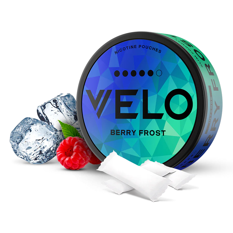 VELO nicotine pouches container with berries and ice cubes on a white background