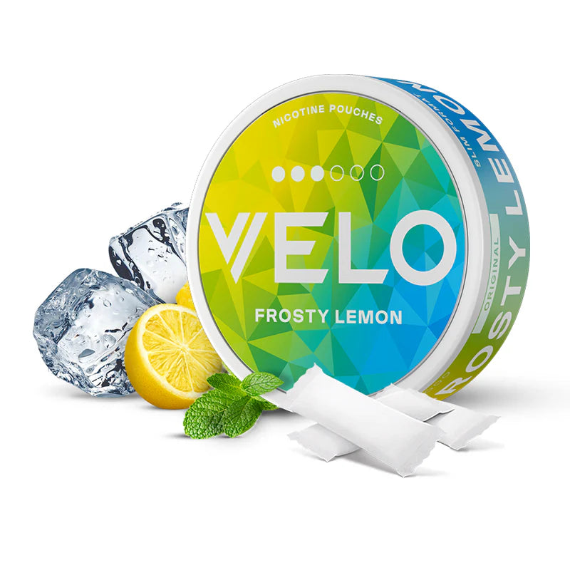 VELO Frosty Lemon nicotine pouches with lemon, ice cubes, and mint leaves on a white background
