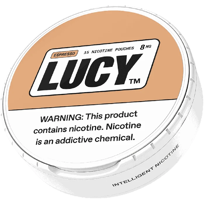 Lucy nicotine pouch container with branding and warning label on a white background