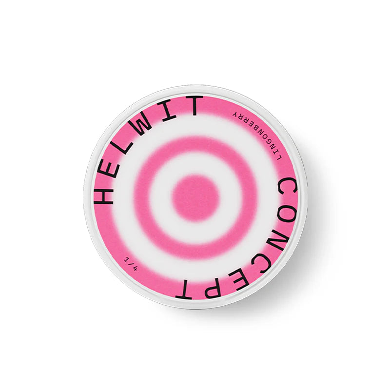 Round container with pink and white design on a white background
