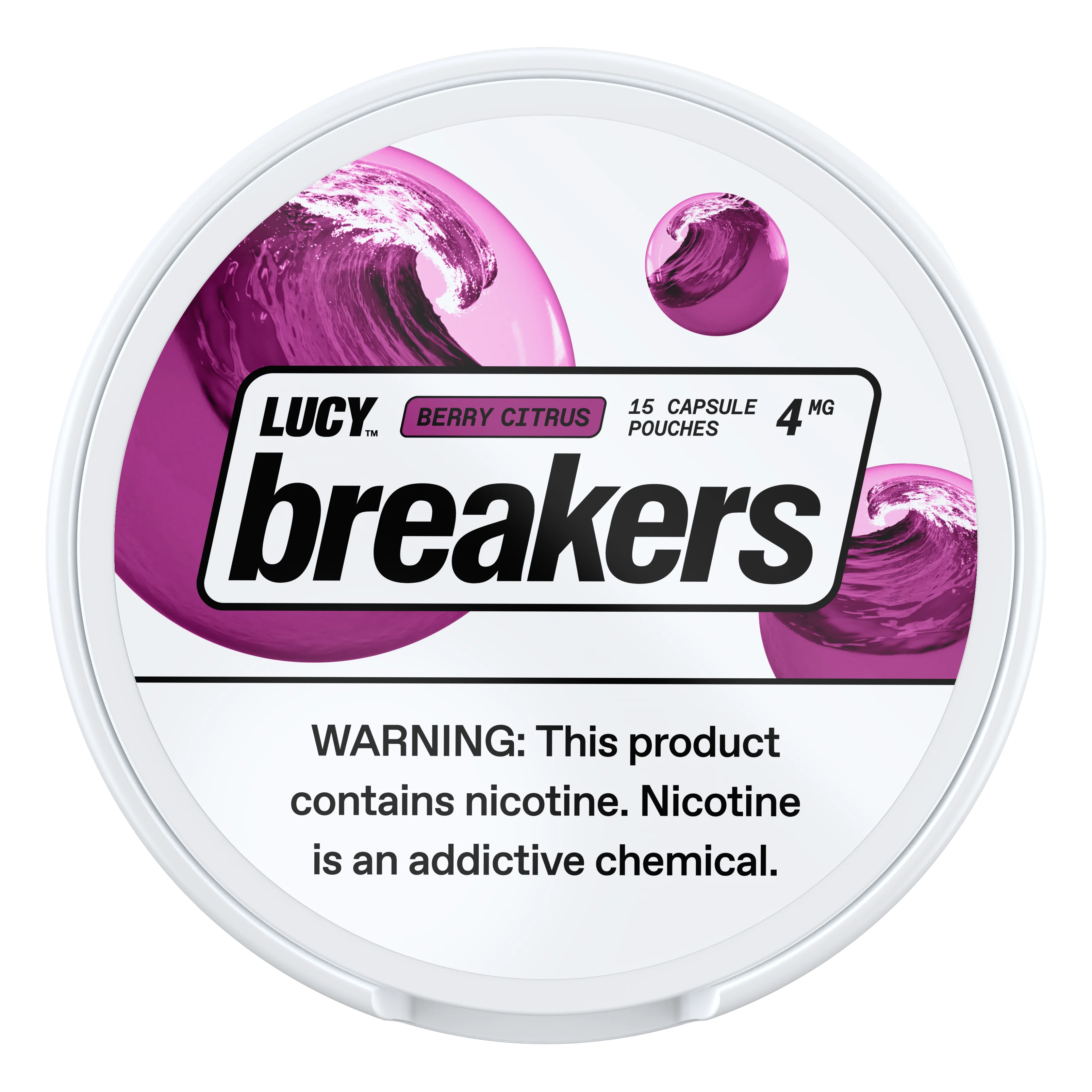 Lucy Breakers berry citrus nicotine pouches packaging with purple design and warning label.