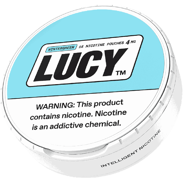 Lucy nicotine pouch container with blue lid and white base, featuring the brand name and nicotine warning label.