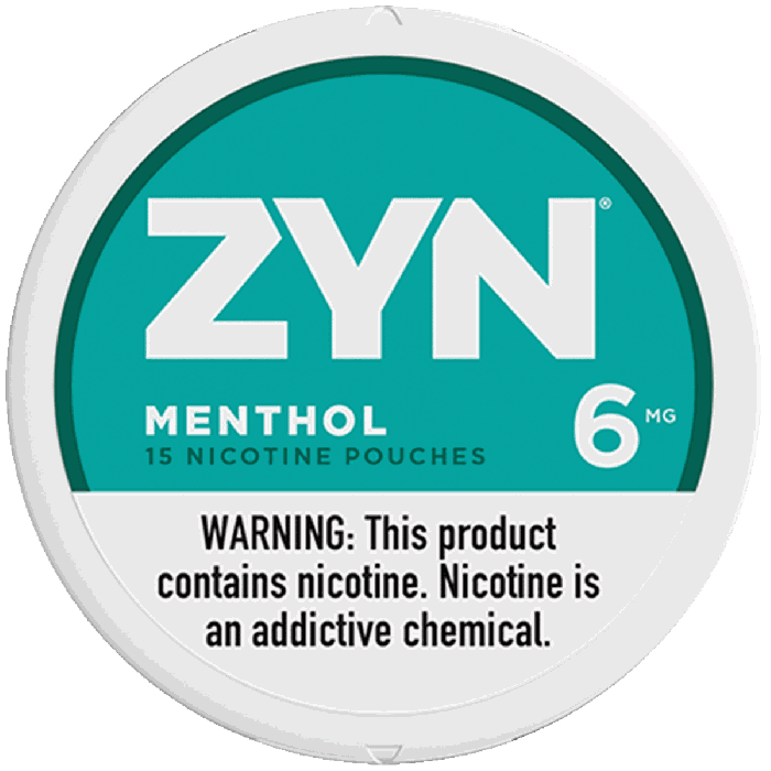 ZYN Menthol nicotine pouch container with teal and white design