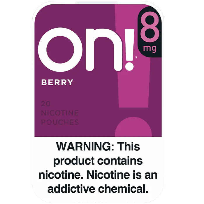 Nicotine pouch packaging with 'on!' branding and warning label.