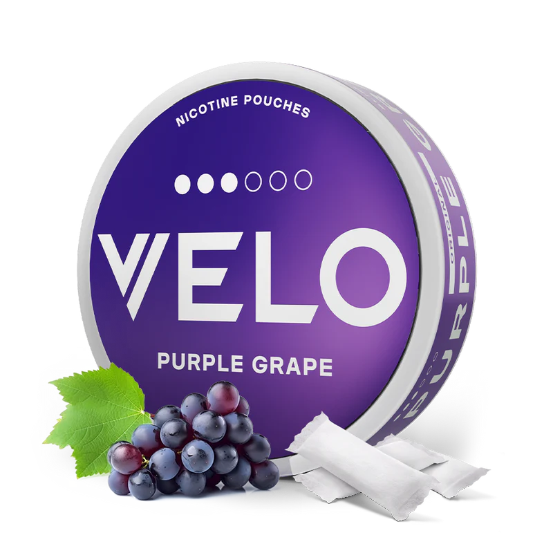 Velo Purple Grape nicotine pouches packaging with grapes and leaves on a white background
