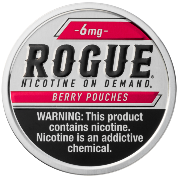 Rogue nicotine pouch packaging with warning label on a white background