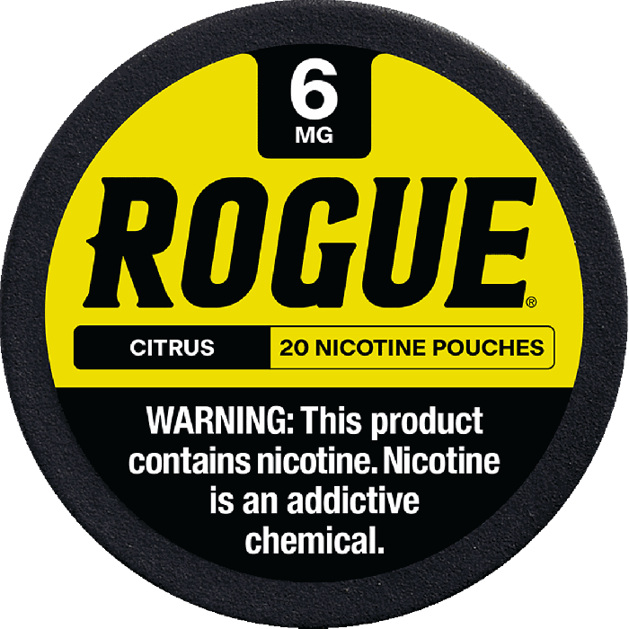 Round container of Rogue nicotine pouches with yellow and black label