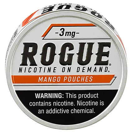 Cylindrical container of Rogue nicotine pouches with branding and warning label.