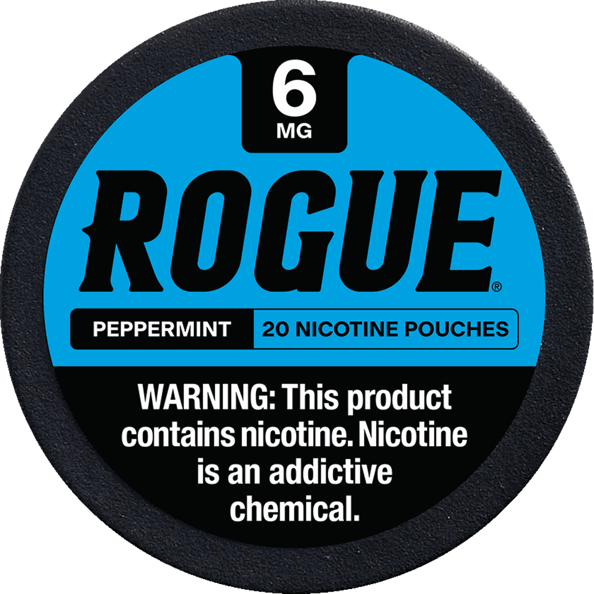 Rogue peppermint nicotine pouch container with blue and black label