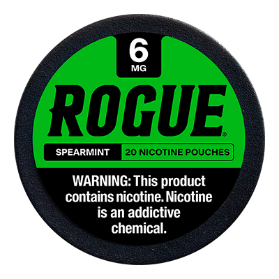 Green and black nicotine pouch container with 'Rogue' branding and warning label.