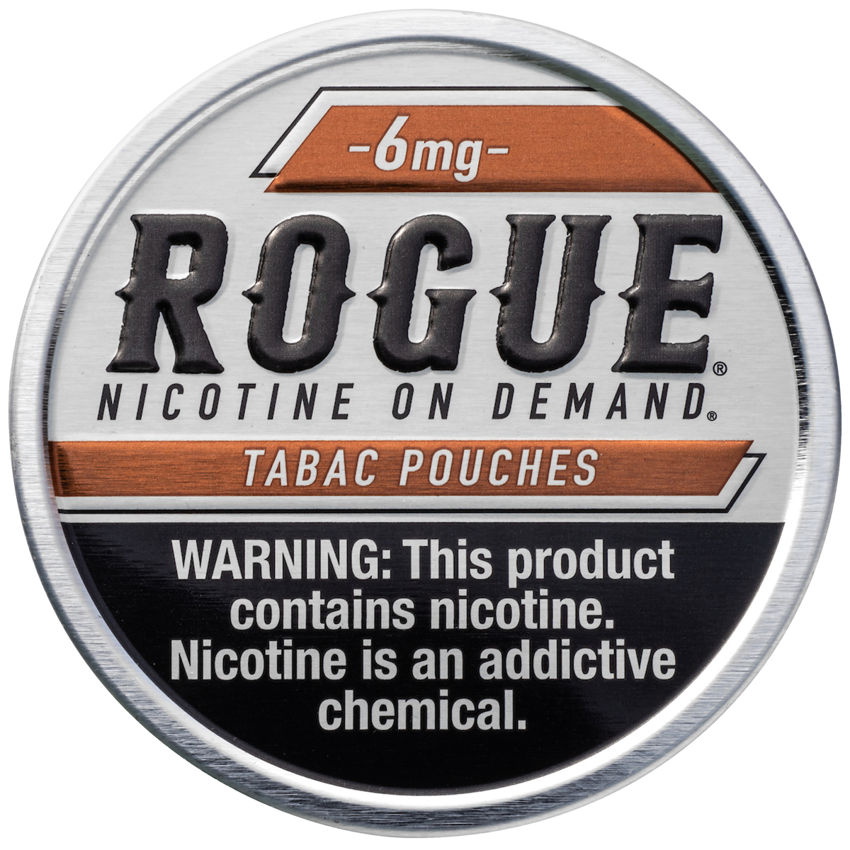Rogue nicotine pouch packaging with branding and warning label.