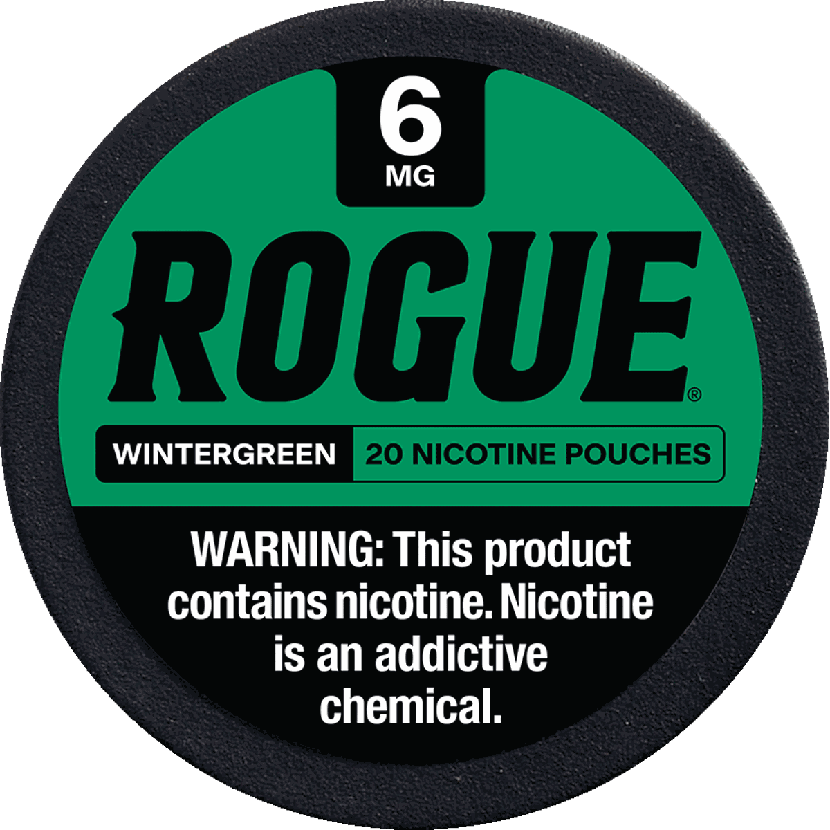 Rogue Wintergreen nicotine pouch container with green label and black border