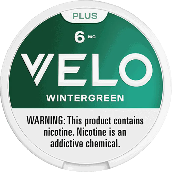 VELO Wintergreen nicotine product packaging with green and white design.