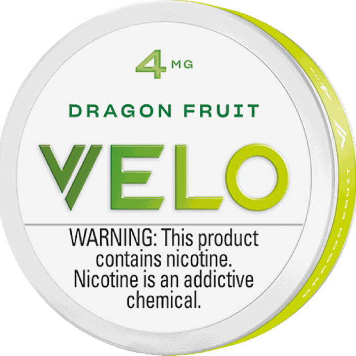 VELO product packaging with 'Dragon Fruit' flavor and nicotine warning on a white background