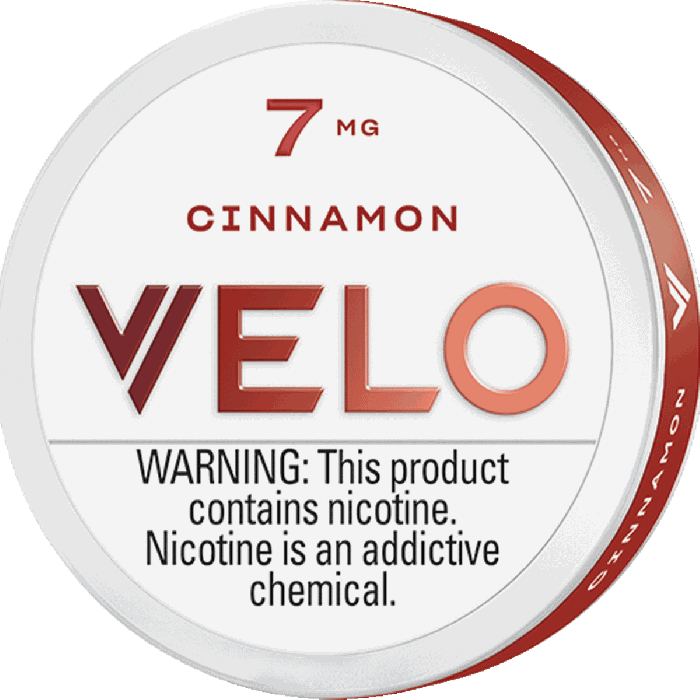 VELO cinnamon 7 mg packaging with warning label on a white background