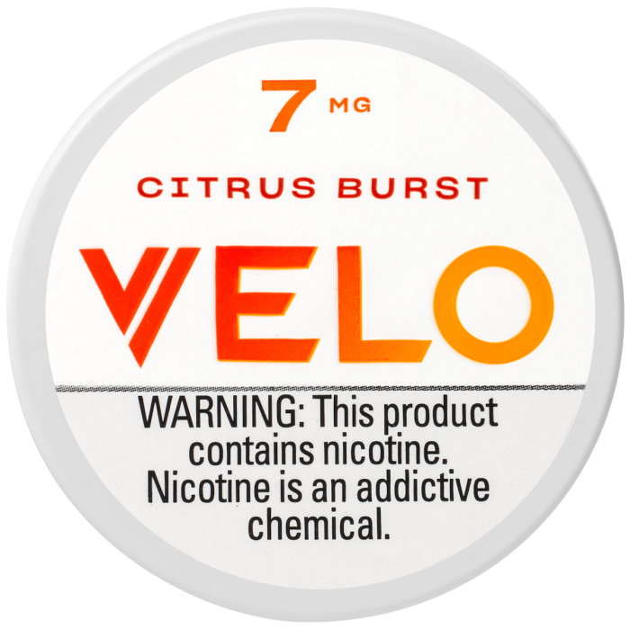 Circular product packaging with 'VELO' branding and nicotine warning label.