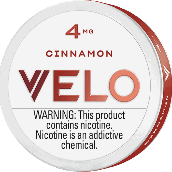 Velo cinnamon product packaging with nicotine warning label