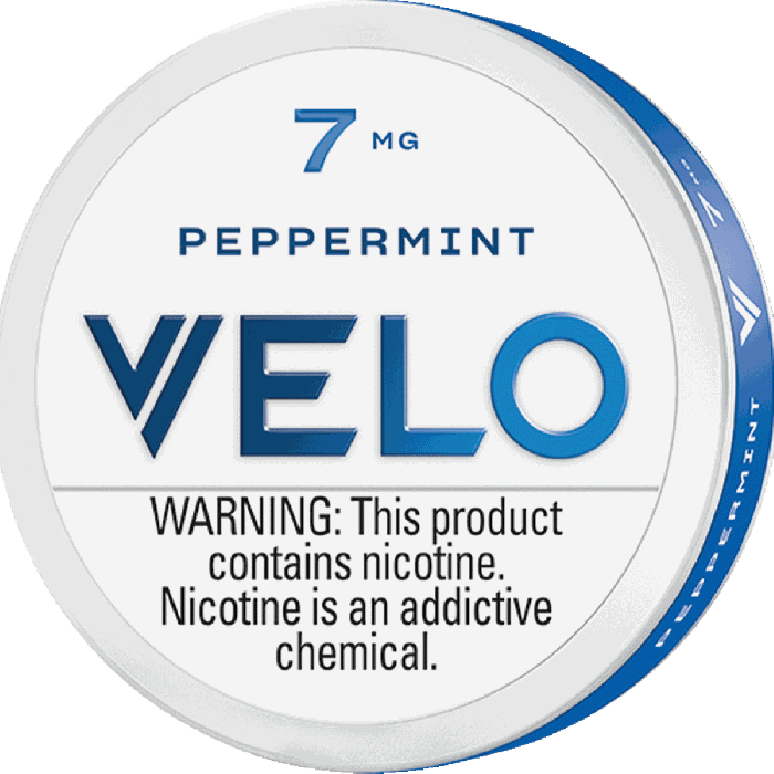 VELO peppermint nicotine product packaging with warning label