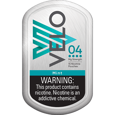 Velo nicotine pouch packaging with warning label on a white background