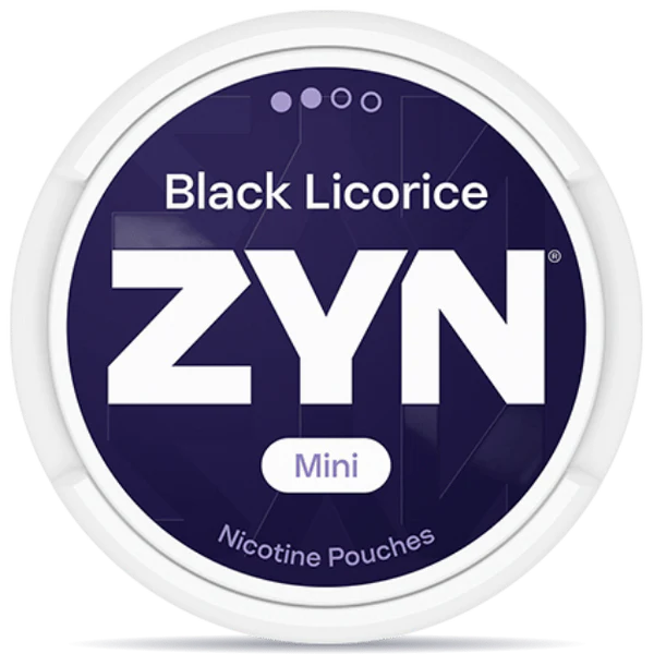 ZYN Black Licorice Mini Nicotine Pouches packaging on a white background