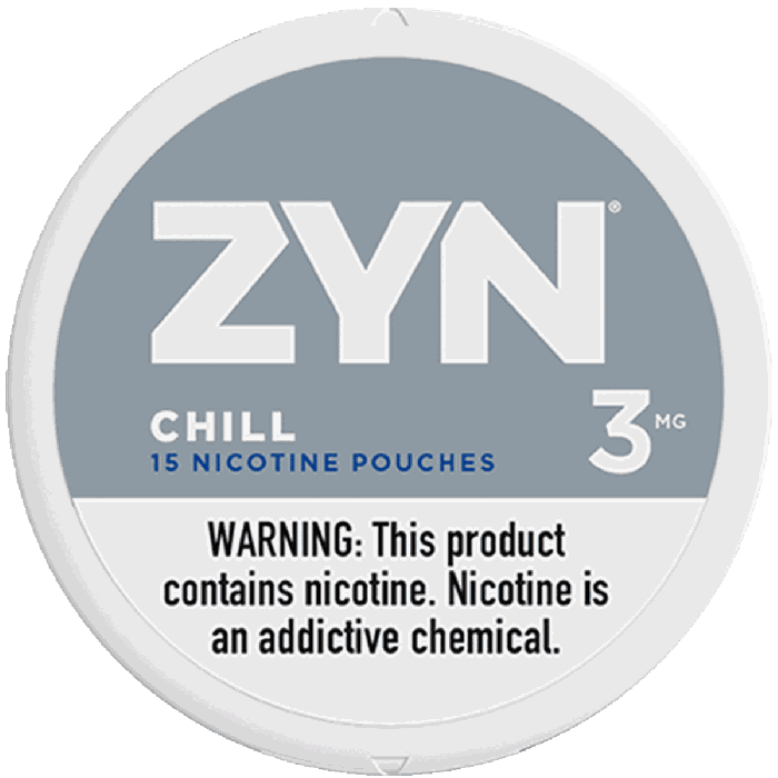 ZYN Chill nicotine pouch container with warning label on a white background