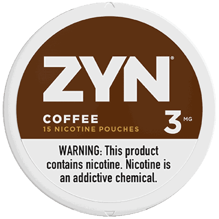 ZYN Coffee nicotine pouch container with warning label on a white background