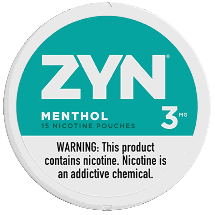 ZYN Menthol nicotine pouch container with teal and white design
