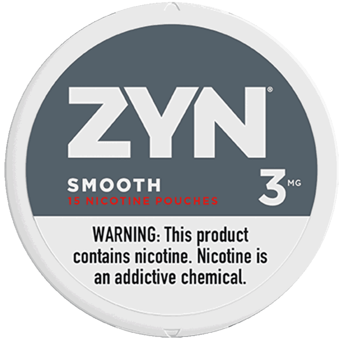 ZYN nicotine pouch container with branding and warning label on a white background