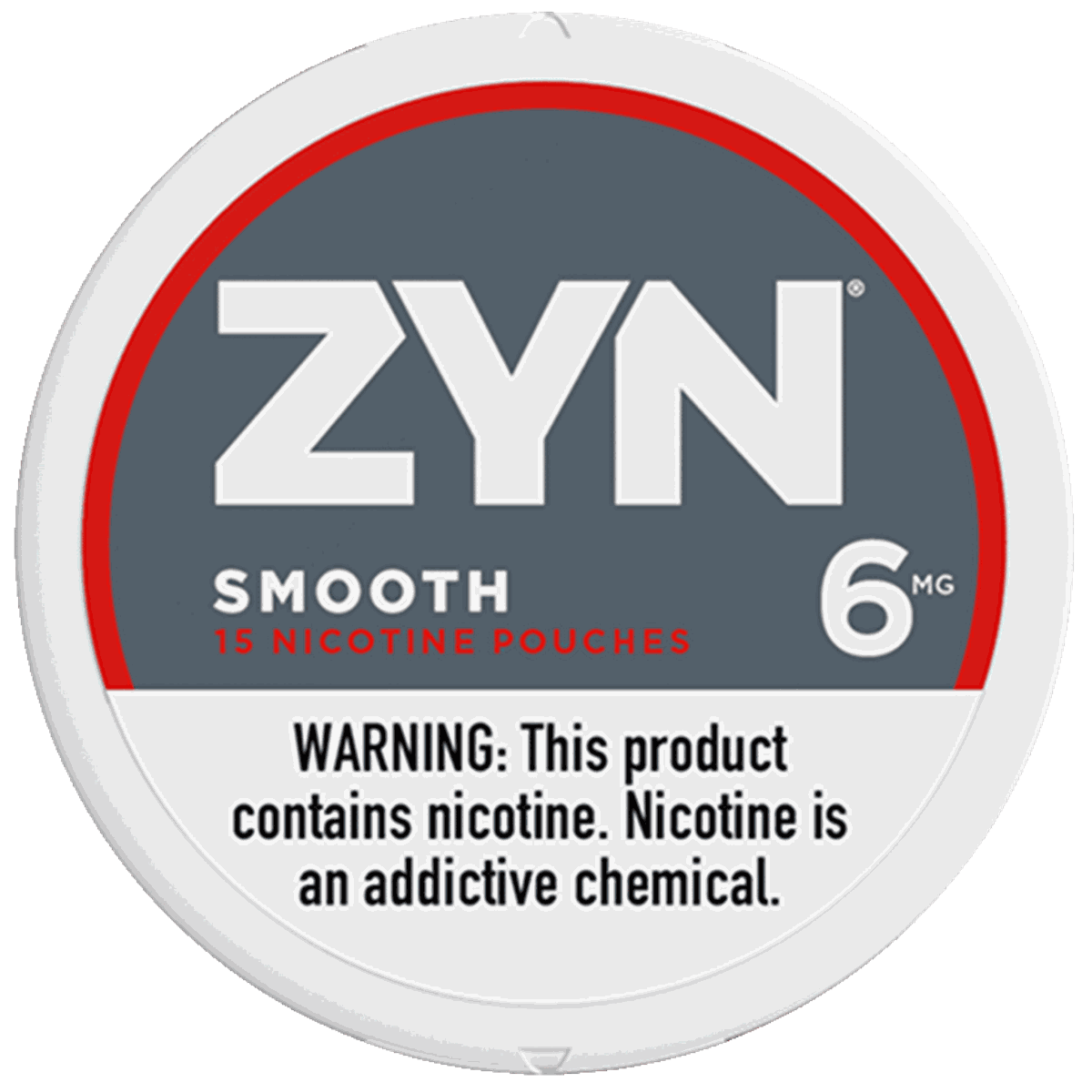 ZYN smooth nicotine pouch container with warning label on a white background