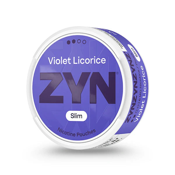 ZYN Violet Licorice nicotine pouches packaging on a white background