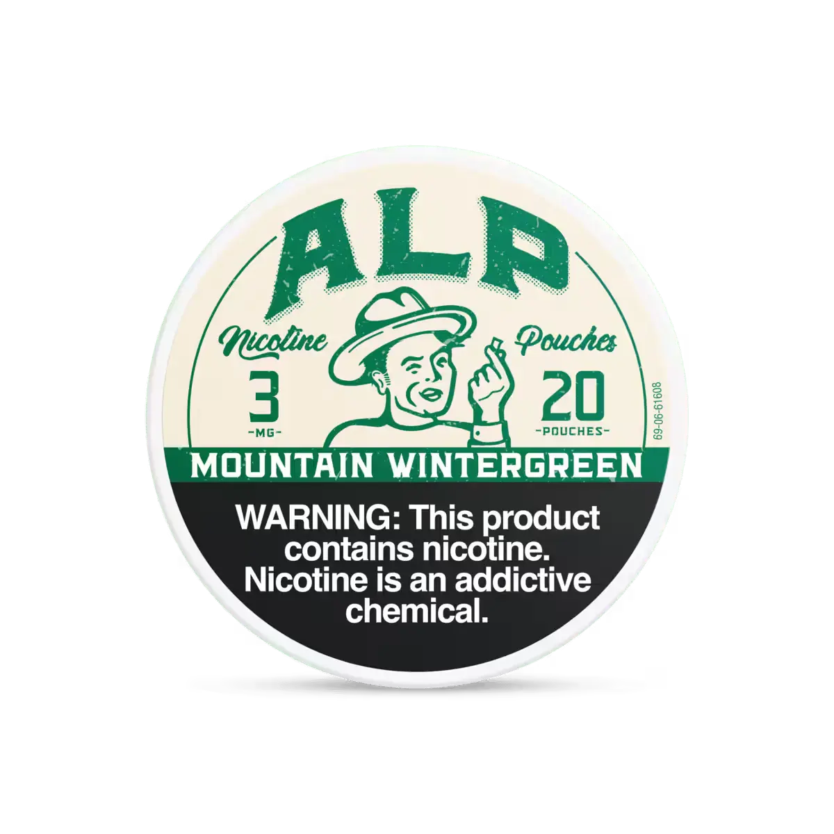 Nicotine pouch container with ALP branding and warning label on a white background