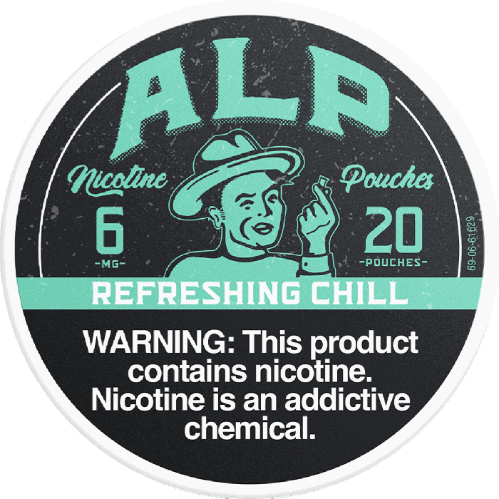 Circular nicotine pouch packaging with ALP branding and warning text.