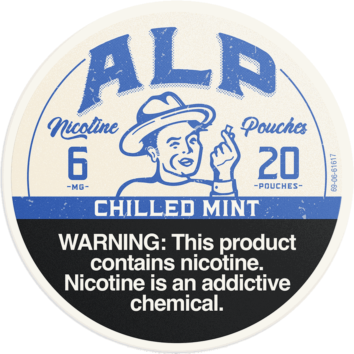 Circular label for ALP Nicotine Pouches with a vintage design and nicotine warning text.