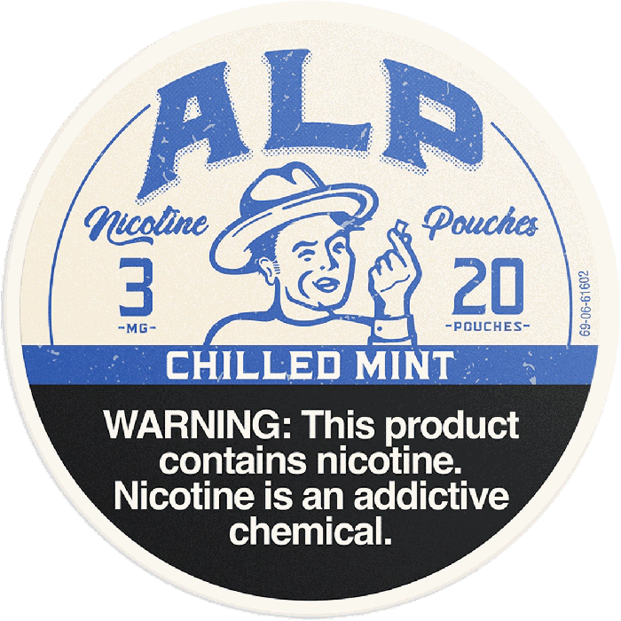 Nicotine pouch container with branding and warning label