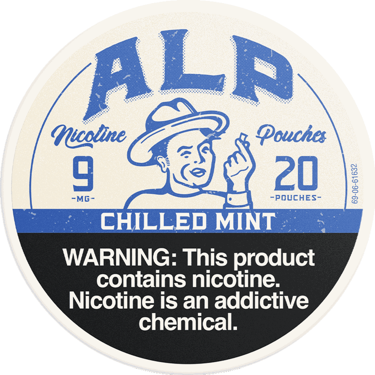 Round nicotine pouch packaging with a vintage design, featuring a man in a hat and text about nicotine content and warning label.
