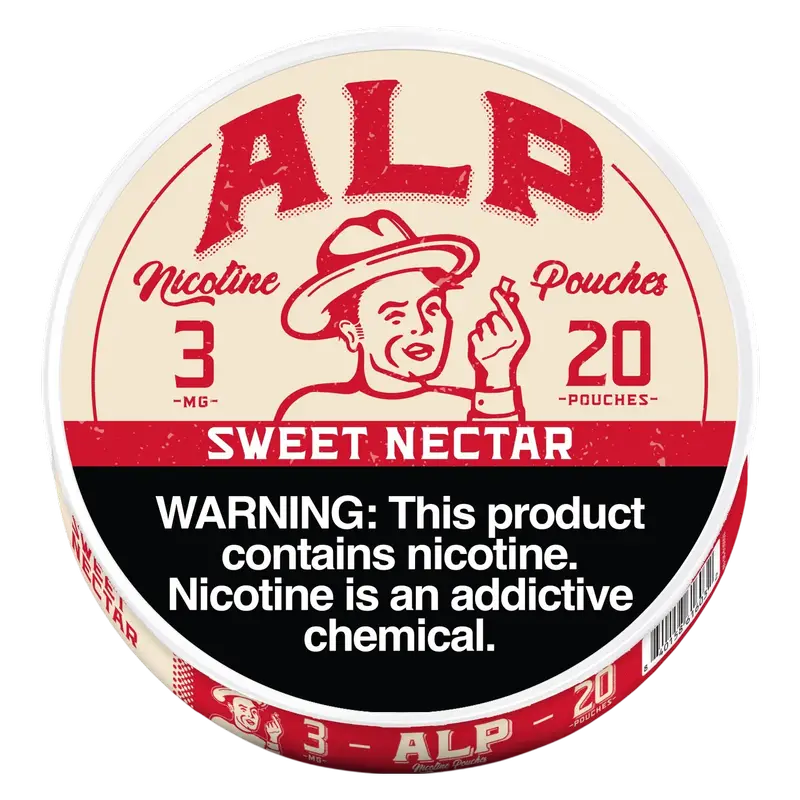 ALP nicotine pouches container with branding and warning label on a white background