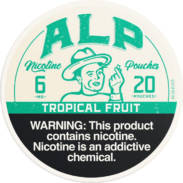 Circular label for ALP Nicotine Pouches with a warning text on a black background