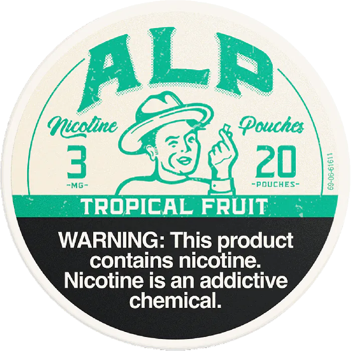Circular product label with a man smoking, nicotine warning, and 'ALP' branding.