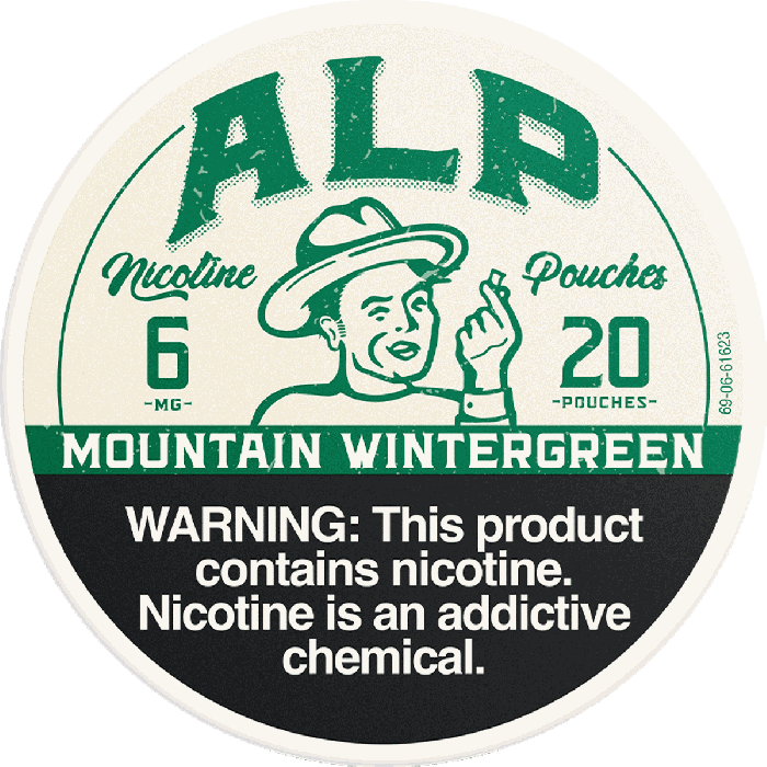 Round nicotine pouch label with a vintage design featuring a man in a hat and 'ALP' branding.