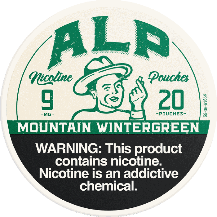 ALP Nicotine Pouches label with a vintage design and warning text.