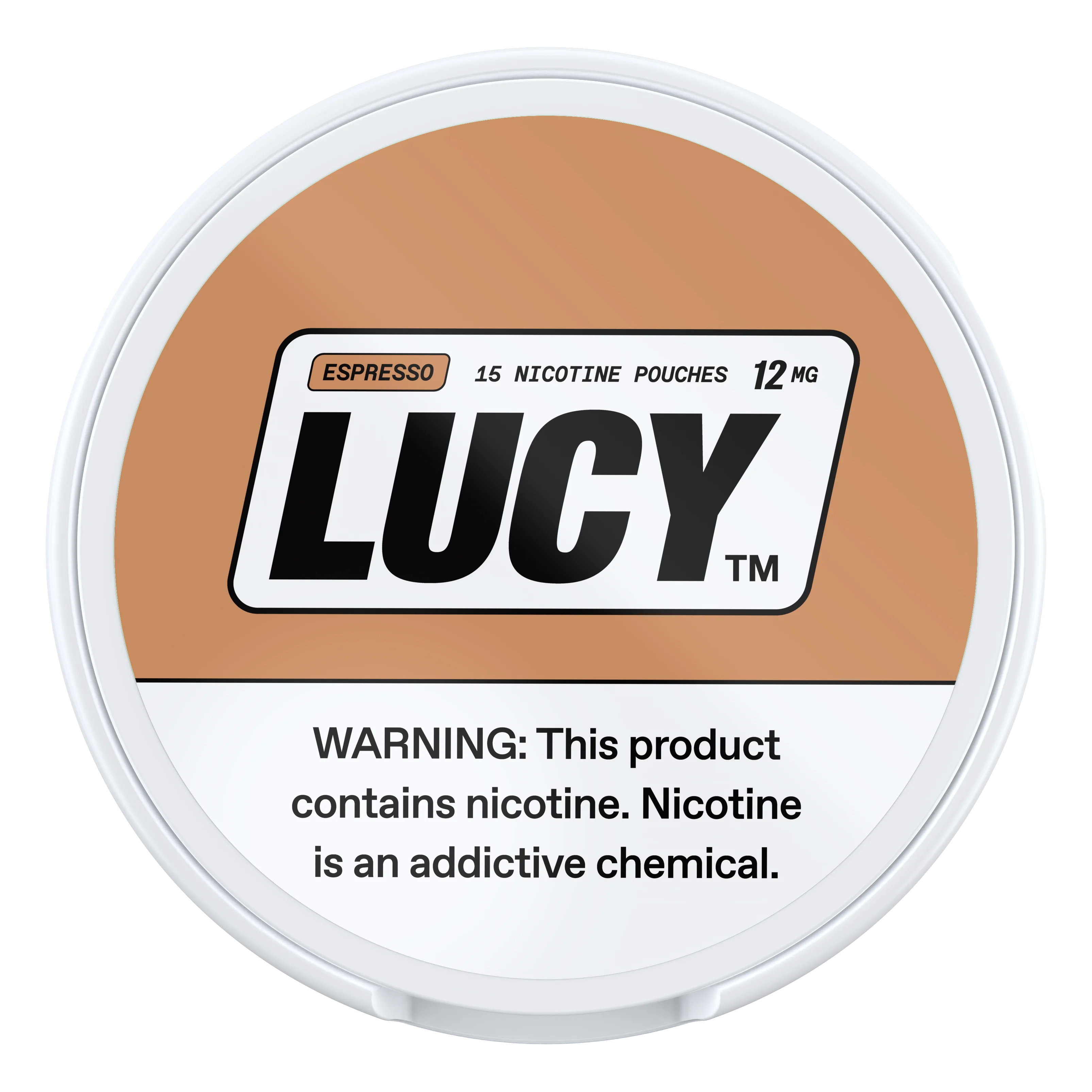 Lucy nicotine pouch container with branding and warning label on a white background