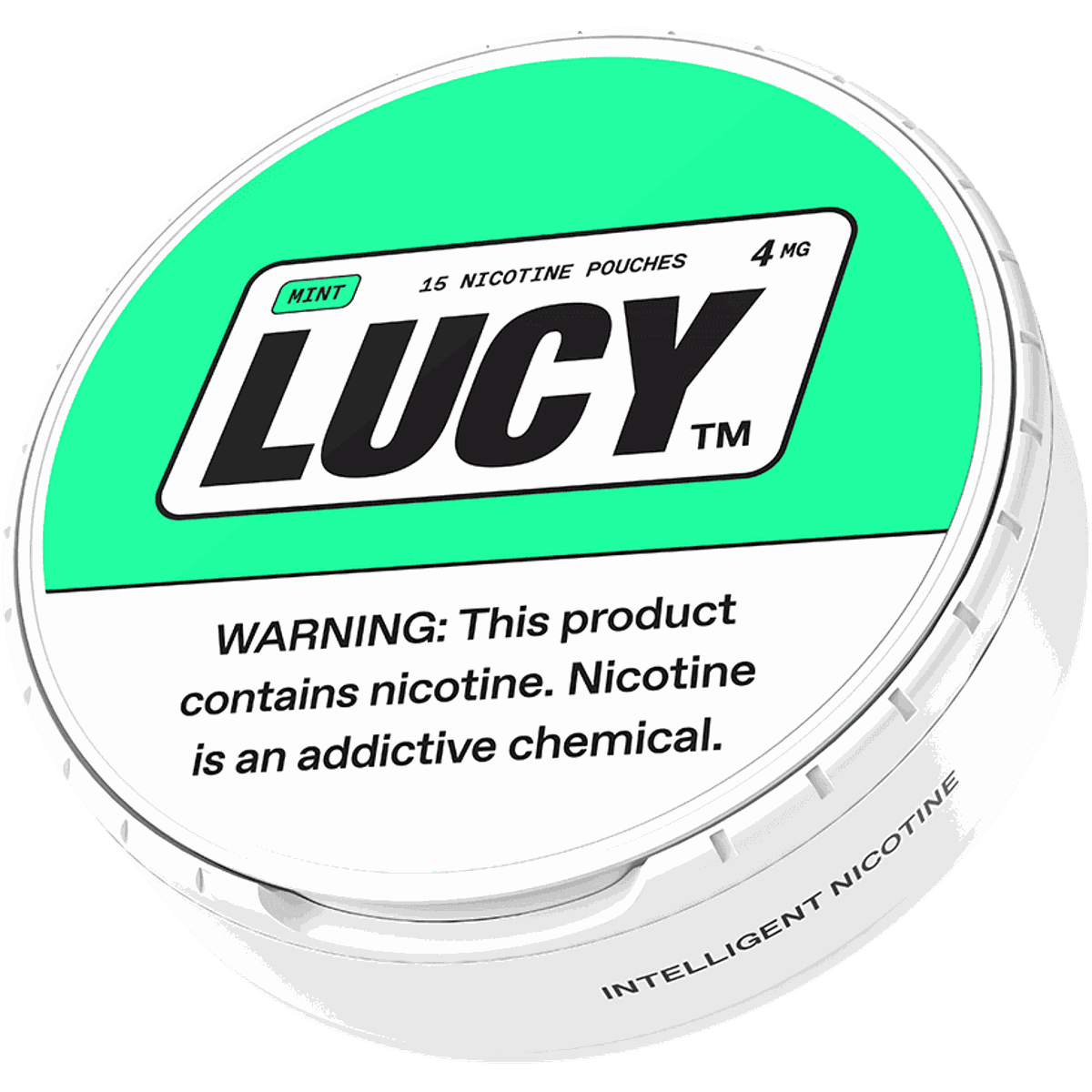 Lucy nicotine pouch container with green and white design