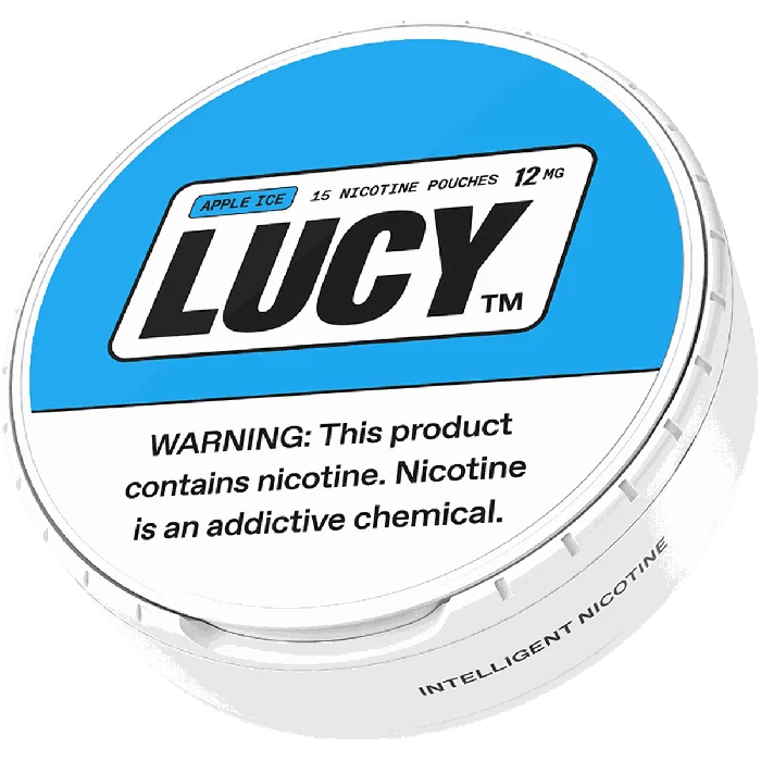 Lucy nicotine pouch container with blue and white design on a white background