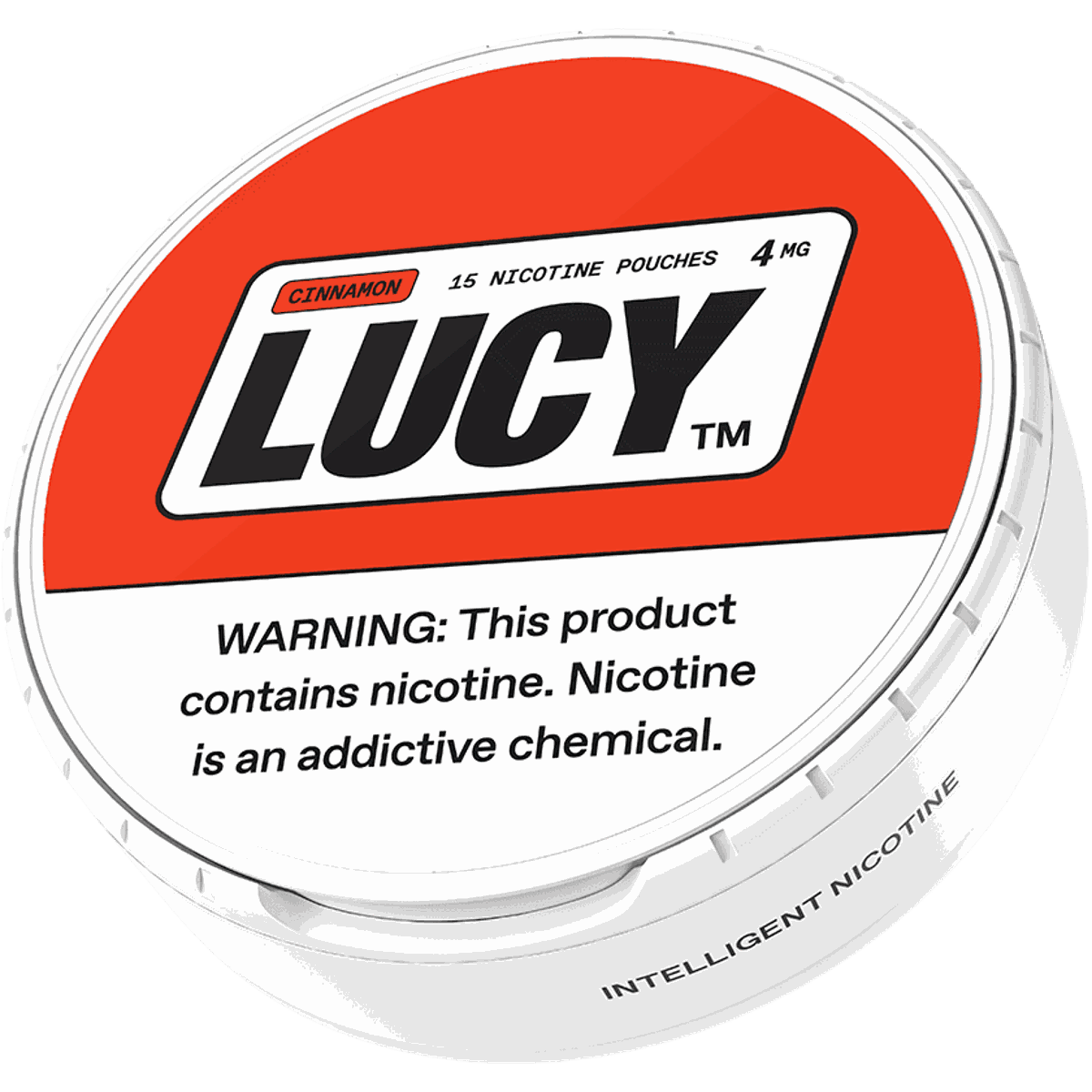 Lucy nicotine pouch container with red and white design on a white background