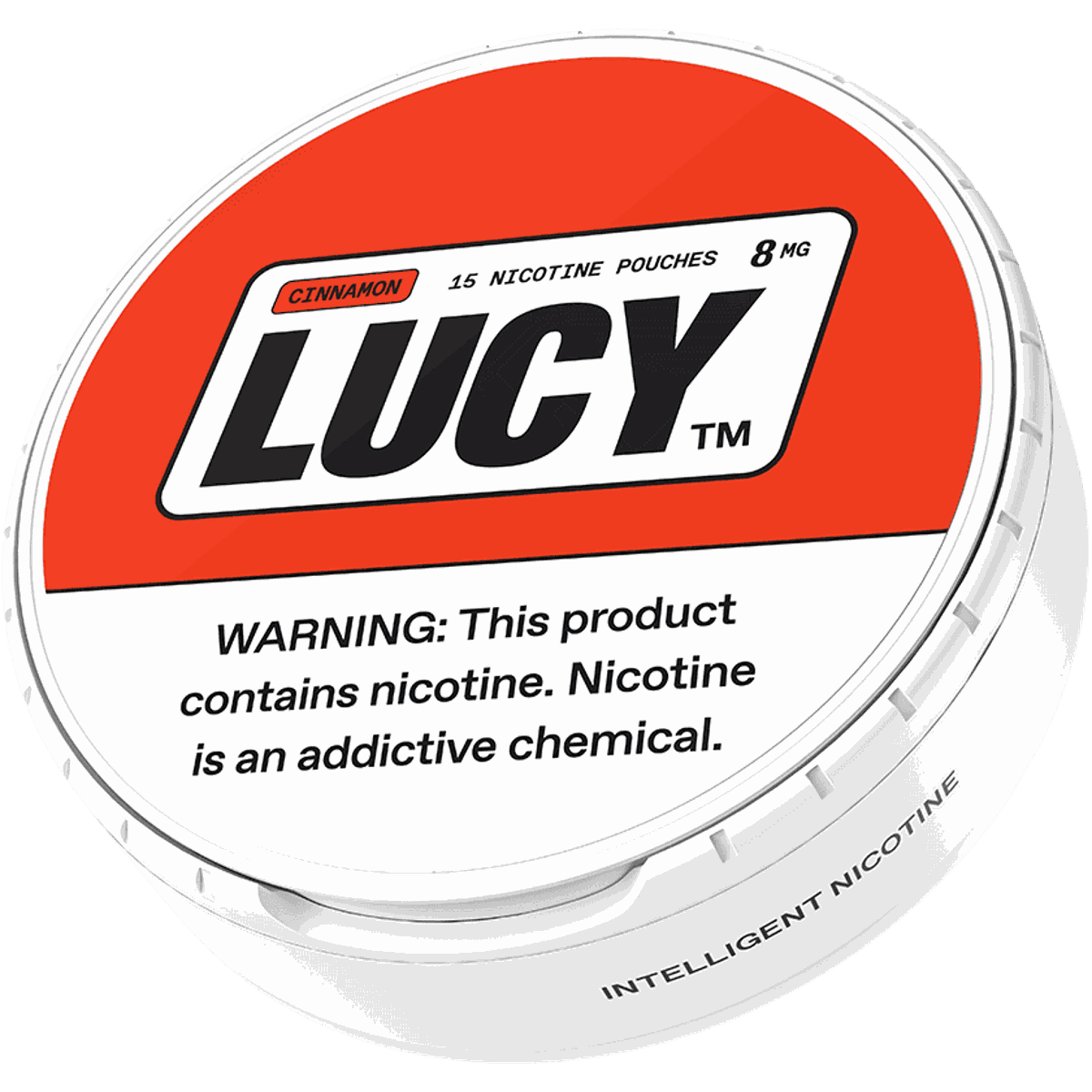 Lucy nicotine pouch container with red and white design