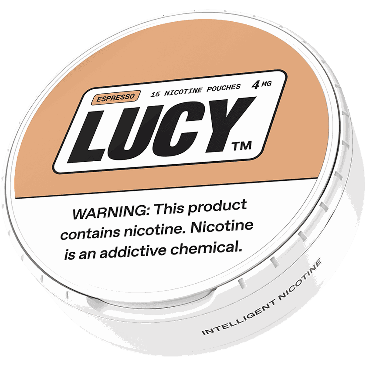 Lucy nicotine pouch container with branding and warning label on a white background